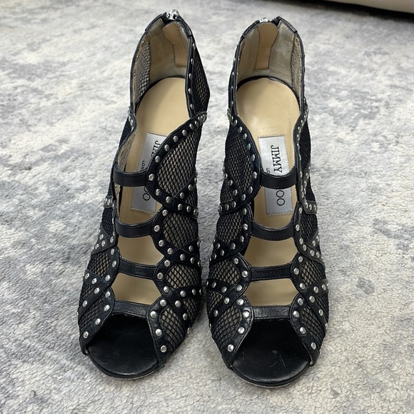 SOLD Jimmy Choo Karina Black Fishnet Studded Calf Leather Cage Heels with Box 37 - Picture 4 of 16